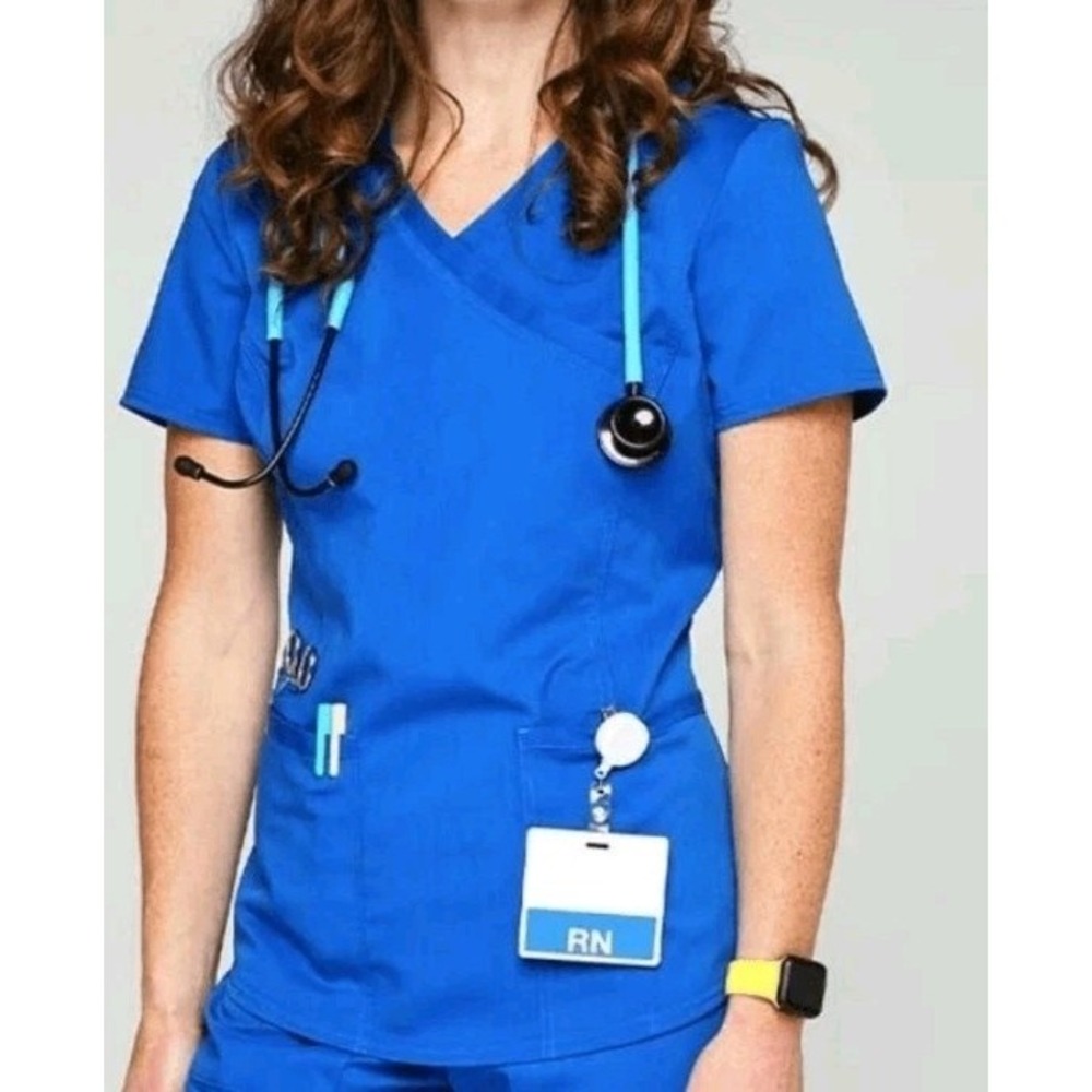 NEW Scrubology Core Women's Mock‎ Wrap Scrub Top Large Royal Blue
